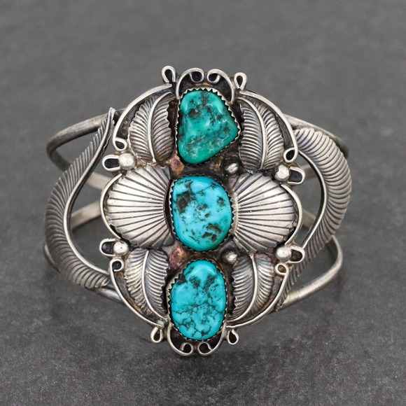 Vintage Jewelry - Signed Southwest Sterling Silver 925 Turquoise Feather Cuff Bracelet 36 Grams 6"